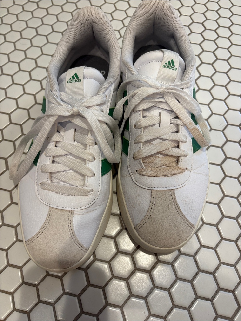 adidas White Sneakers with Green Stripes and Beige Suede Toe